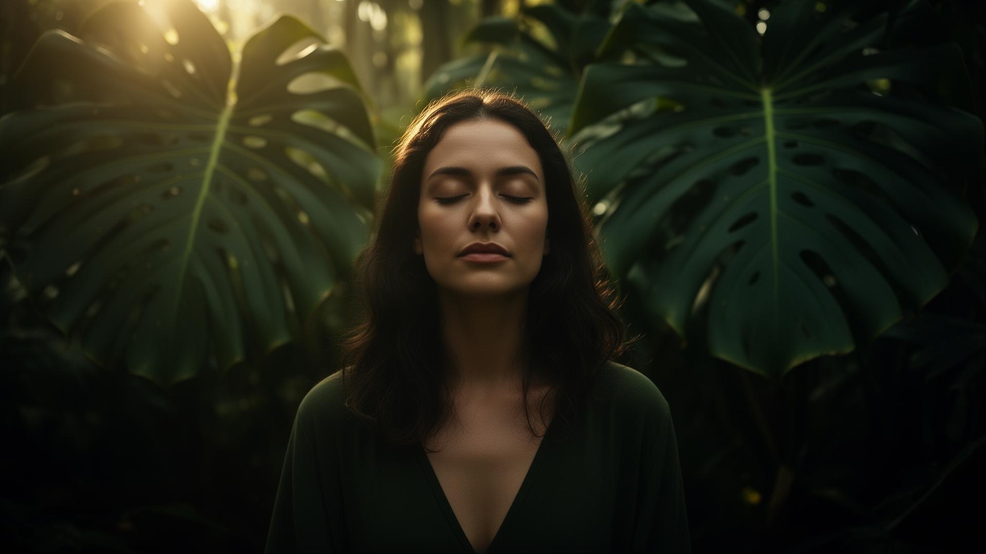 Mulher em meditação cercada por folhas tropicais